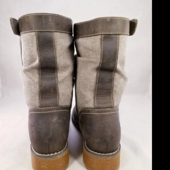 TIMBERLAND WOMEN BOOTS BROWN LEATHER GRAY CANVAS MOTORCYCLE COMBAT BOOTS SZ 7.5 - Picture 6 of 9